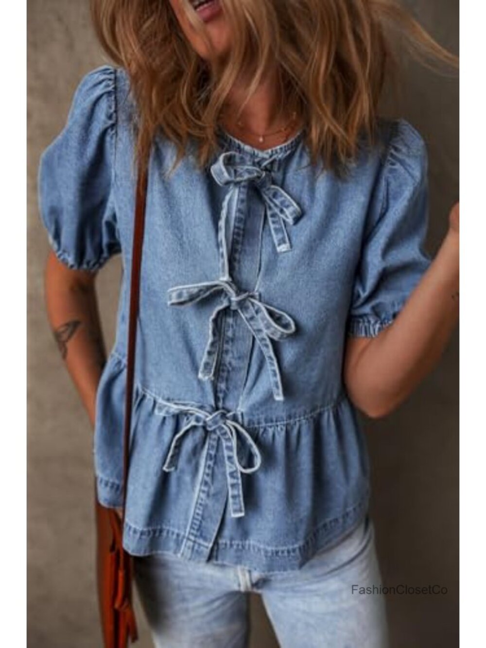 Womens Denim Blouse Bow Tie Front Puff Sleeve Babydoll Peplum Summer Trendy - Picture 2 of 6